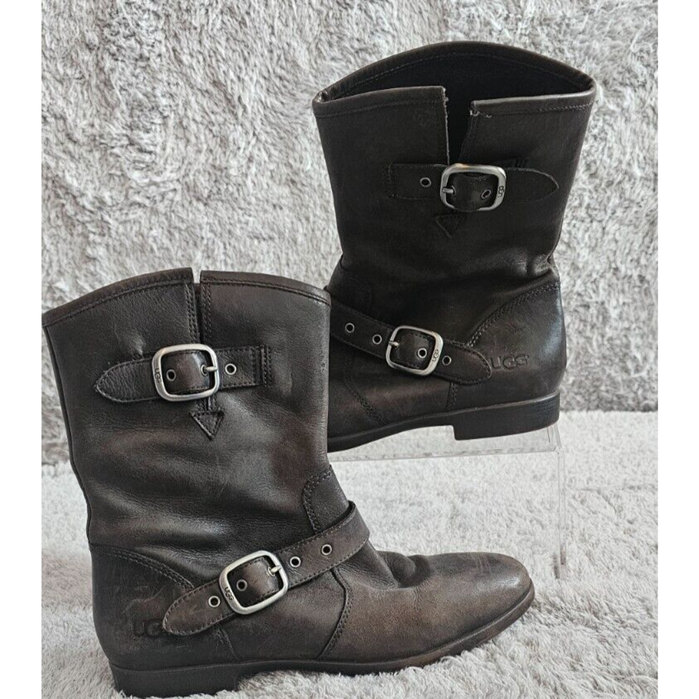 Ugg Boots Womens Sz 5 Frances Brown Leather‎ Ankle 2 Buckle Pull On Booties